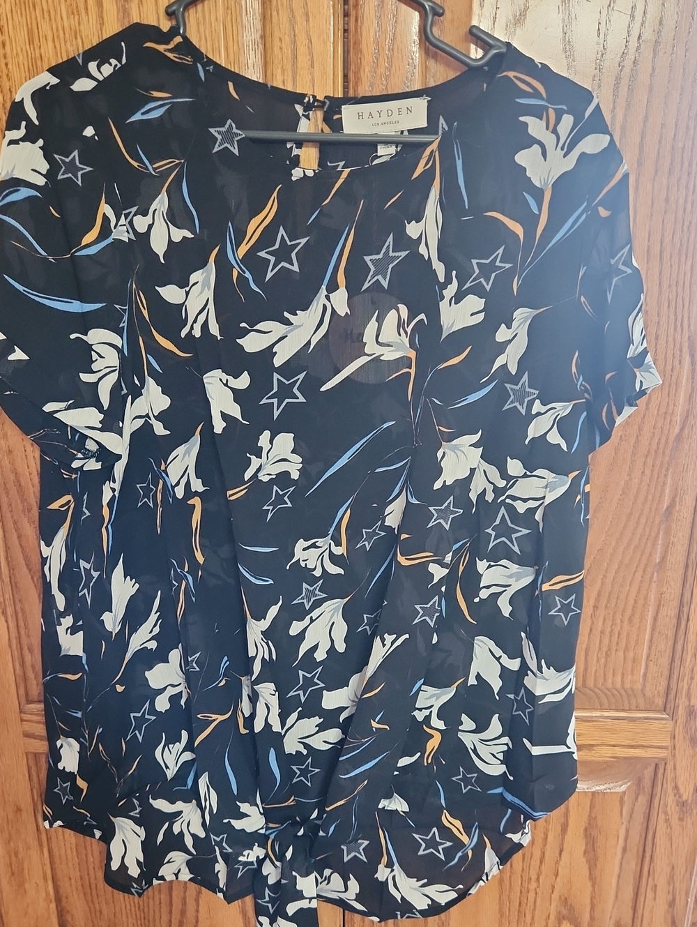 Hayden Los Angeles black blouse floral print with tie-front detailing Lg